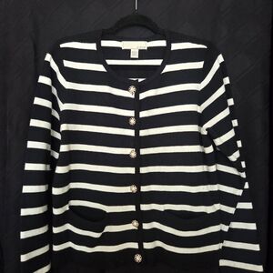 Striped Black and White Button-Front Women's Sweater